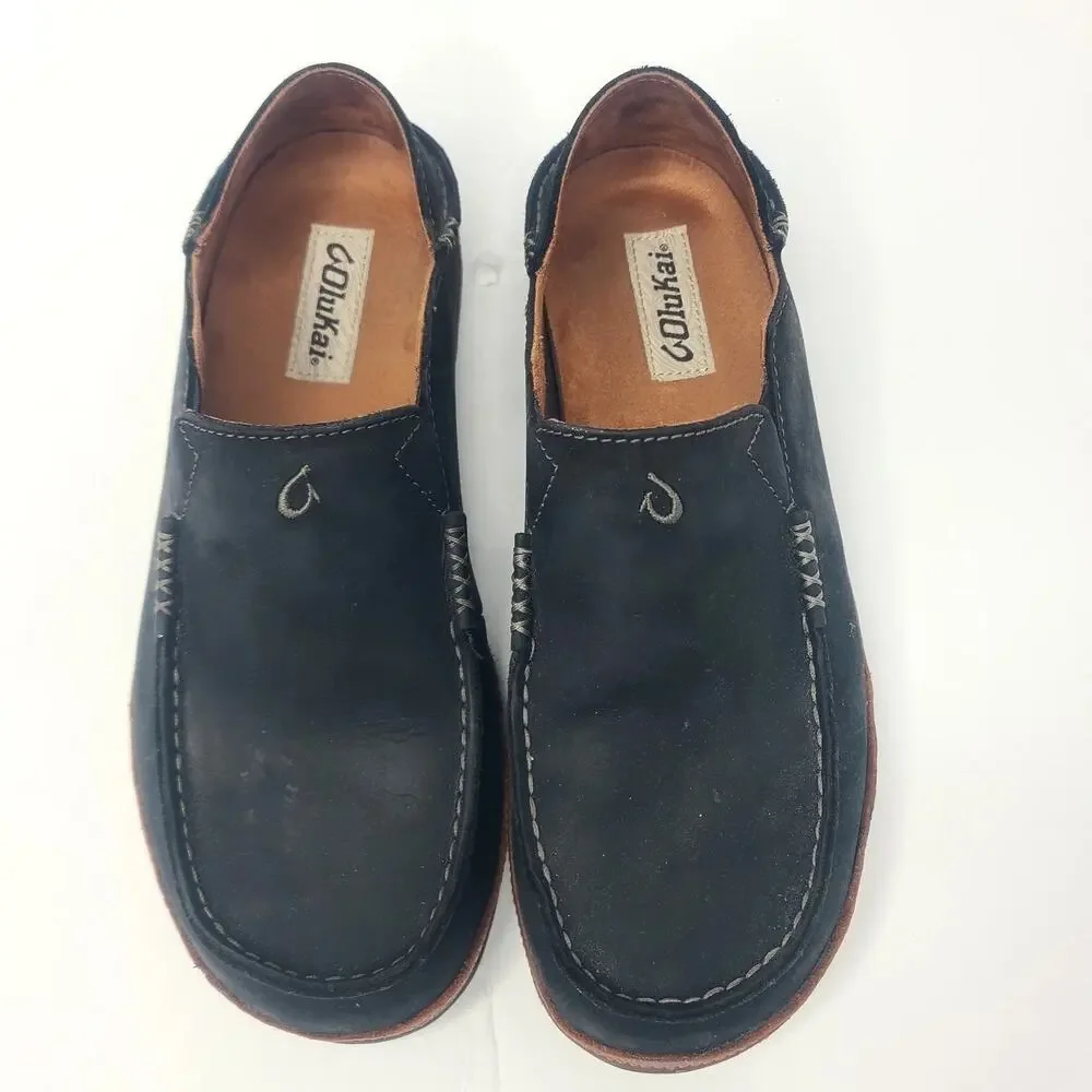 OluKai Moloa Black Toffee Leather Slip On Heel Loafers Shoes Men's 7 EUR 40